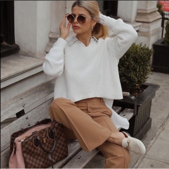 ZARA FLARED MID-RISE CAMEL WIDE LEG PANTS - Picture 12 of 13